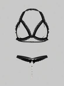 ROMWE Kawaii 性感蕾丝珍珠镂空内衣套装 - 黑色 - 查看 2