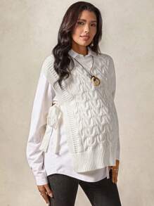 Boho Mama Pregnant Woman Cable Flower Pattern Round Neck Side Tie Knitting Sweater Vest,Fall,Autumn,Winter