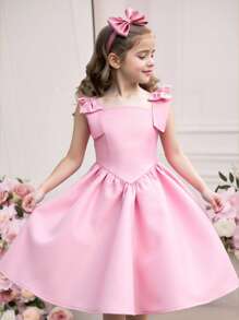 SHEIN 少女优雅缎面蝴蝶结细肩带派对连衣裙，粉色 - 粉色 - 查看 2