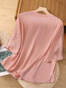 EMERY ROSE Blusa casual de manga 3/4 con bordado para mujer talla grande, de verano y otoño, para vacaciones, en color rosa, sencilla y de moda para uso diario, con vibras de vacaciones, para primavera, uso casual, estilo bohemio, cómoda y transpirable, para salir - Rosa - Ver 3