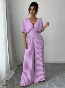 Elenzga 纯色深 V 领蝙蝠袖褶皱优雅女式连体裤 - 淡紫色 - 查看 6