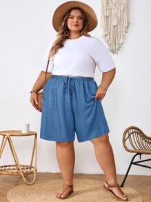 SHEIN CURVE+ Plus Size Women's Black Drawstring Waist Pockets Casual Country Linen Summer Shorts, Spring Vacation Summer/Country/Beach