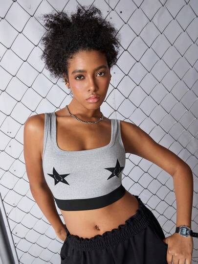 Streetz SHEIN Sport Top de tirantes estampado con estrellas y color contrastante, estilo deportivo y urbano personalizado