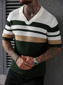 Manfinity Homme 男式撞色条纹短袖针织上衣 - 彩色 - 查看 8