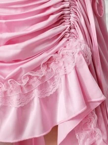 ROMWE EDITION 女士优雅纯色荷叶边抽绳裙 - 粉色 - 查看 6