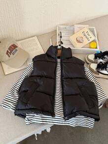 SHEIN Tween Girls' All-Match Black Quilted Padded Vest, Comfortable & Versatile,In Fall/Winter - Black - View 2