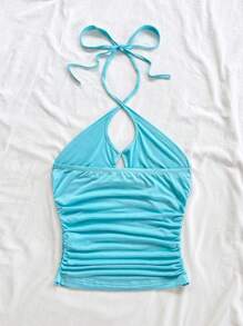 Soleia Women's Romantic Vacation Turquoise Knit Halter Hollow Floral Rhinestones Embellished Mini Dress, Suitable For Holiday Dates, Afternoon Tea, Beach, Cruise, Urban Getaway, Wedding Season, Music Festivals, Boho Vacation Halter Top Beach Top Rhinestone Top - Mint Blue - View 2