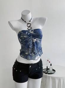 Elamini Blusa de mujer convertible tipo tubo/halter con estampado floral vintage, para primavera/verano
