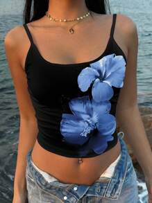 SHEIN EZwear Vintage Style Vacation Blue Floral Print Sexy Spaghetti Strap Women Tank Top, Suitable For Summer Flower Tank Top Suitable For Going Out - Multicolor - View 6