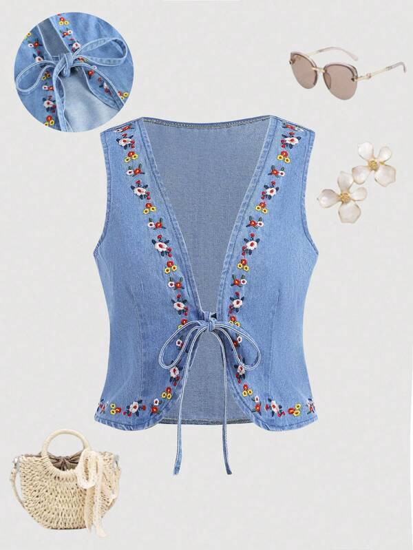 SHEIN Girlism Cárdigan azul sin mangas con diseño de cordón desmontable con lazo, de estilo bohemio básico con patrones de bordado de flores simples, para niñas adolescentes y niños, ideal para ropa casual, disfraz, uso diario, y atuendos de verano, primavera, festivales y playa