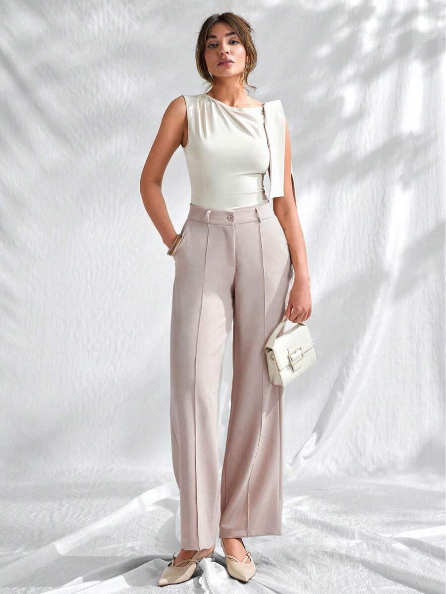 EURMUSE Women's Casual Commuting Solid High Waist Straight Leg Pants - Beige - View 1