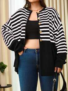 EURMUSE Plus Size Casual Striped Pattern Drop Shoulder Cardigan - Black and White - View 3