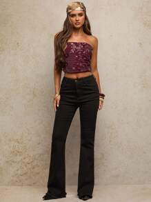 SHEIN BAE Áo ống hở lưng đính hạt sequin màu đỏ rượu vang, thanh lịch và gợi cảm, thích hợp cho các bữa tiệc tối, tiệc hóa trang, đêm hẹn hò, tụ tập câu lạc bộ đêm, trang phục dự tiệc, mùa thu và mùa đông, lễ hội âm nhạc Chicago, hòa nhạc đồng quê, áo Y2k Y2k, Halloween, áo ống, rave, áo sequin, techno, phụ nữ boho, lễ hội rave, câu lạc bộ, phương Tây dành cho phụ nữ, halloween, trang phục halloween - Màu đỏ tím - Xem 4
