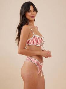 WESTFADE Mixed Floral & Gingham Print Mid Rise Bow Front Moderate Cheeky Coverage Ruffle Bikini Bottoms Summer Beach Vacation - Multicolor - View 5