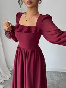 Modelyn 法式束腰方领荷叶边下摆 - 酒紅色 - 查看 5