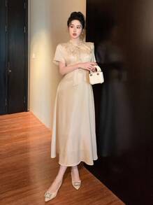 DAZY 1 chiếc váy dài vừa phải màu trơn có nơ và viền bèo nhún dành cho nữ, phong cách thanh lịch cho đầm dạ hội mùa hè - Màu be - Xem 8