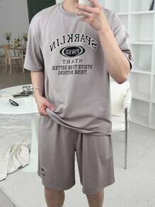 DAZY Bộ áo phông nam in chữ màu xám, mùa hè - Xám - Xem 4