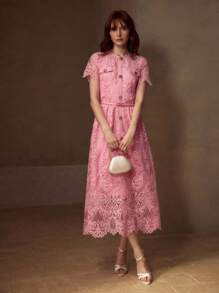 MOTF PREMIUM GUIPURE LACE BELTED DRESS - Pink - View 6