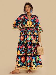 Travachic 大码女式热带花卉印花 V 领 3/4 袖黑色百搭休闲长裙，适合秋季 - 黑色 - 查看 6