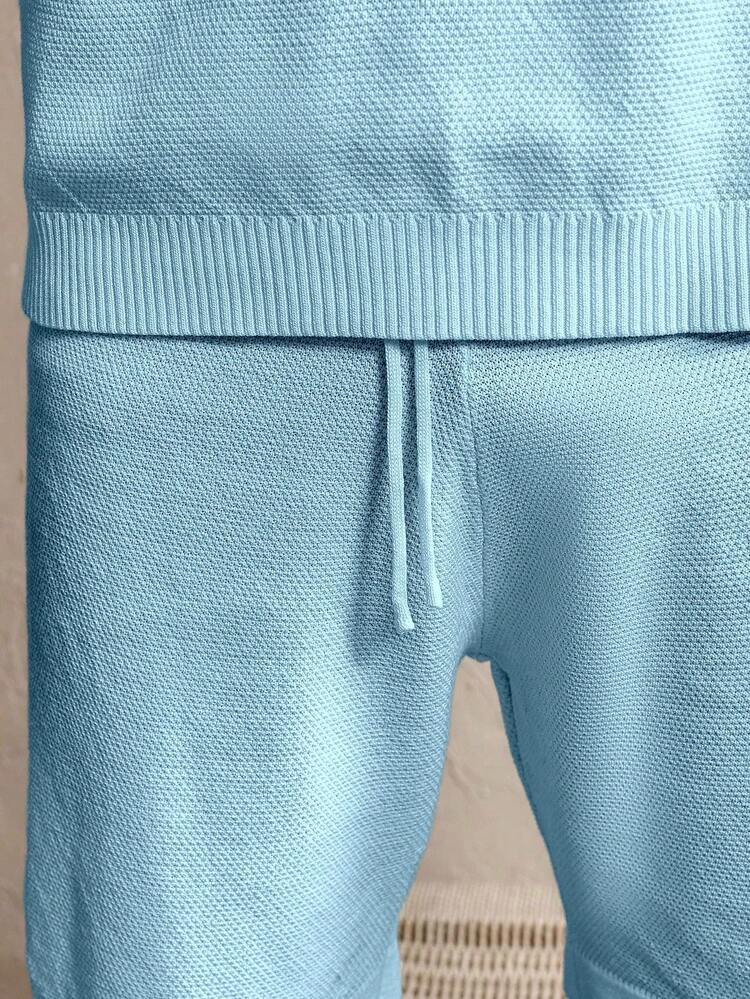 Manfinity Homme Men 2pcs Solid Color Short Sleeve Top And Pocket Shorts Knitwear Set - Blue - View 7