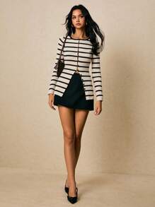 Poéselle 女士休闲通勤条纹前扣开衫 - 彩色 - 查看 4