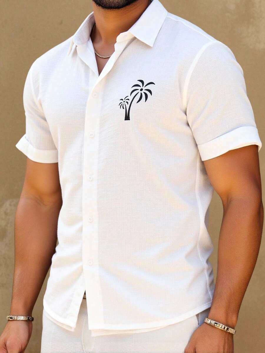 Manfinity Homme 男士夏季度假风格棕榈树印花短袖衬衫 - 白色 - 查看 1
