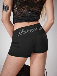 Y2Kool BiGraphic Women's Low-Waist Casual Rhinestone Decorated Yoga Sports Punk Goth Skinny Shorts Suitable For Summer Holiday Sports Music Festivals Daily Wear Rhinestone Shorts Black Shorts Women Booty Shorts Y2K 2000s Back To School Club Outfits Women Sexy Black Shorts