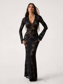 SHEIN Tall Spring Solid Black Lace See-Through Sexy Simple Elegant Deep V-Neck Long Sleeve Ruffles Women Tight Slim Mesh Women Maxi Dress Suitable For Valentine's Day Dress, Party Dress, Romantic Date Dress, Wedding Bridesmaid Dress, Prom Dress, Daily Commuting Dress, Black Dress, Birthday Dress, Autumn And Winter Black Lace Maxi Dress Black Lace Bodysuit Long Sleeve Lace Dress Night Out Dress Long Black Dress