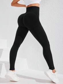 SHEIN Sports 女士无缝高腰塑身高弹力紧身裤 - 黑色 - 查看 4