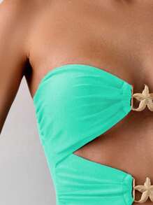 Swim Chiccia 1pc Solid Color Women's Sexy Hollow-Out Starfish Decor One-Piece Swimsuit, Suitable For Vacation For Summer - Mint Green - View 3