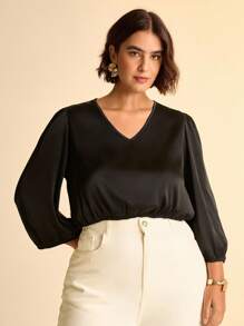 CAJUNI Plus Size Women's Elegant Black Mandarin Collar Loose Shirt,Autumn Formal Dinner Evening Tops,Simplistic Bohemian Casual Country Clothes - Black - View 4