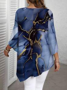 EMERY ROSE Elegant Navy Blue Summer Plus Size Women's Casual Ink Marble Texture Pattern Round Neck Long Sleeve Asymmetrical Blouse, Spring/Autumn Shirt - Multicolor - View 2