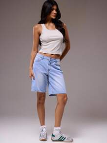 MUSERA 低腰长款牛仔短裤 夏季可爱度假风 90年代复古风 Y2K 春季 - 淺色水洗藍 - 查看 2