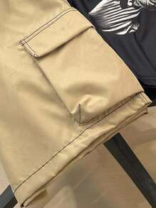 SHEIN 2pcs Tween Boy Loose Fit Portrait Graphic Round Neck T-Shirt And Contrast Trim Cargo Shorts Set, Comfortable Casual Suitable For Summer Vacation, Hanging Out, School, Fashion Street Style , Streetwear, Graphic Tee, Hip Hop Tee