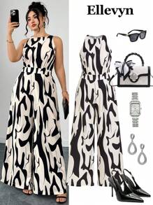 Ellevyn Bộ đồ liền thân ống rộng in họa tiết bó sát, thoải mái, thường ngày cỡ lớn mùa hè dành cho nữ - Đen và trắng - Xem 2