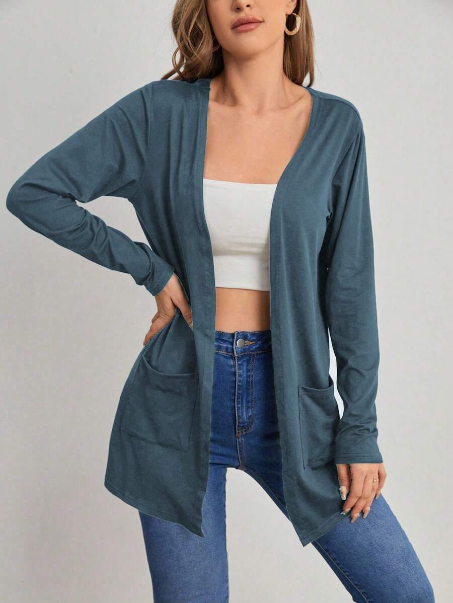 SHEIN LUNE Women's Solid Color Long Sleeve Cardigan Fall Winter Cloth For Women - Dusty Blue - View 1