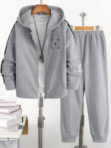Vacaura 2pcs/Set Tween BoyCasual Sports Outfit, Hoodie Jacket With Side Print And Drawstring Waist Long Pants, Autumn/Winter Fall - Grey - View 3