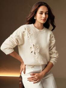 Anewsta Áo len thêu hoa sequin, Thích hợp cho mùa thu, đông, năm mới, Thanh lịch, Sang trọng, Phong cách, Giáng sinh, Đi chơi, Quần áo mùa đông cho nữ, Ấm áp - Màu be - Xem 3