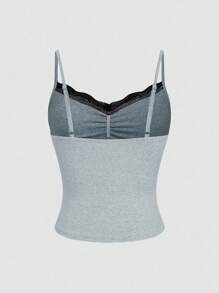 Celisse Plus Size Women Commuter Minimalist Contrast Color Lace Splice Camisole - Grey - View 3