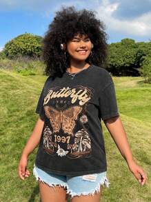 SHEIN EZwear Plus Size Acid Washed Look Vintage Knitted Distressed Loose Fit Knit Butterfly Cartoon Pattern Short Sleeve T-Shirt - Multicolor - View 4