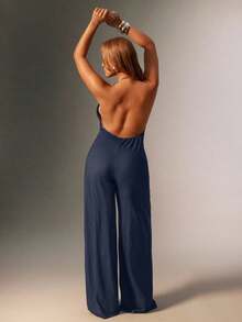 Denimoi Plus Size Knit Faux Denim Plunge Neck Halter Jumpsuit With Gold Necklace Hardware - Royal Blue - View 3