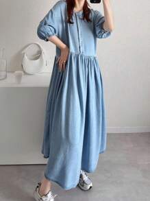 FRIFUL 女式长款牛仔褶皱连衣裙，宽松版型 - 中等水洗藍 - 查看 2
