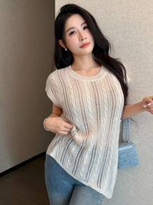 Celisse Spring/Summer Round Neck Asymmetrical Crochet Sleeveless Knitted Cardigan For Women - Apricot - View 6