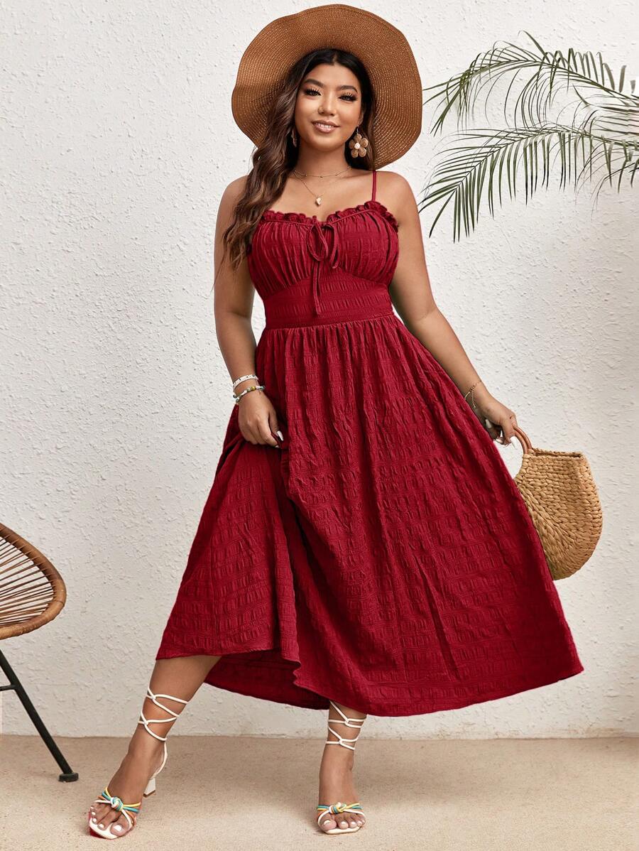 SHEIN VCAY Plus Size Solid Color Pleated Twist Front Camisole Dress, Casual Vacation