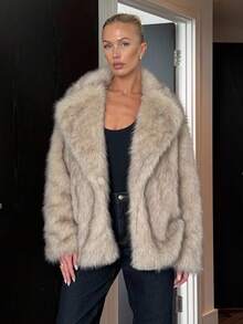 DAZY Plus Size Women Faux Fur Loose Lapel Cardigan Jacket, Autumn/Winter Women Coats - Khaki - View 5