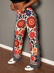 Slaydiva 2025秋冬新品/女装秋装/万圣节/女装秋冬新款春夏街头流苏标语童趣图案全身印花黑底玫红色针织女打底裤 - 紅色 - 查看 5