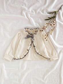 SHEIN 女宝宝可爱休闲百搭纹理面料蝴蝶结长袖夹克适合春夏秋冬日常穿着 - 杏色 - 查看 1