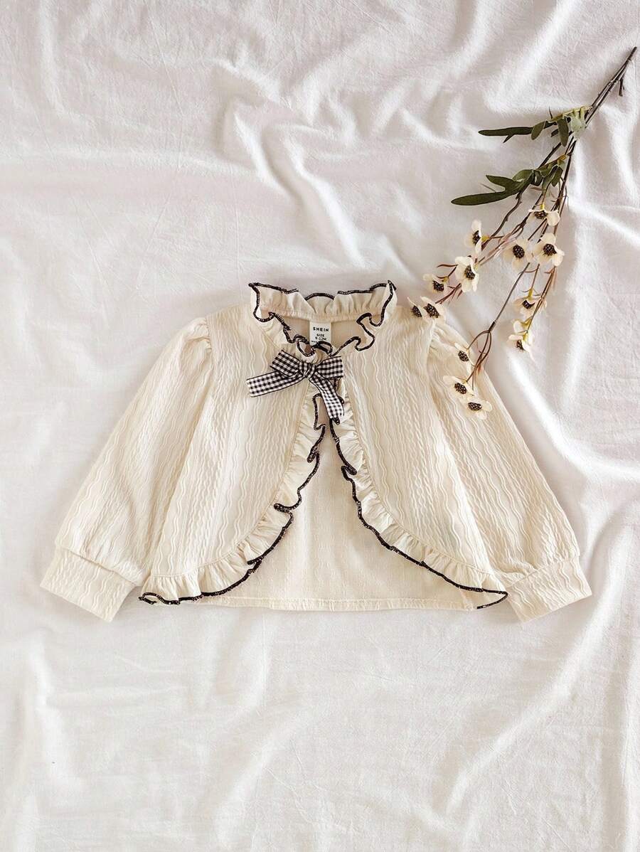 SHEIN 女宝宝可爱休闲百搭纹理面料蝴蝶结长袖夹克适合春夏秋冬日常穿着 - 杏色 - 查看 1