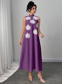 Modelyn 女士优雅时尚 3D 花卉刺绣宽松 A 字连衣裙，奢华浅黄色 - Bold Plum - 查看 6