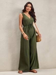 Wildy 美国西部乡村风格棕色V领波西米亚连体裤女士连体裤小巧绿色连体裤女士连体裤无袖连体裤阔腿连体裤乡村服装女士教师服装女士秋季女装秋季女装女士连体裤优雅绿色 - 綠色 - 查看 6